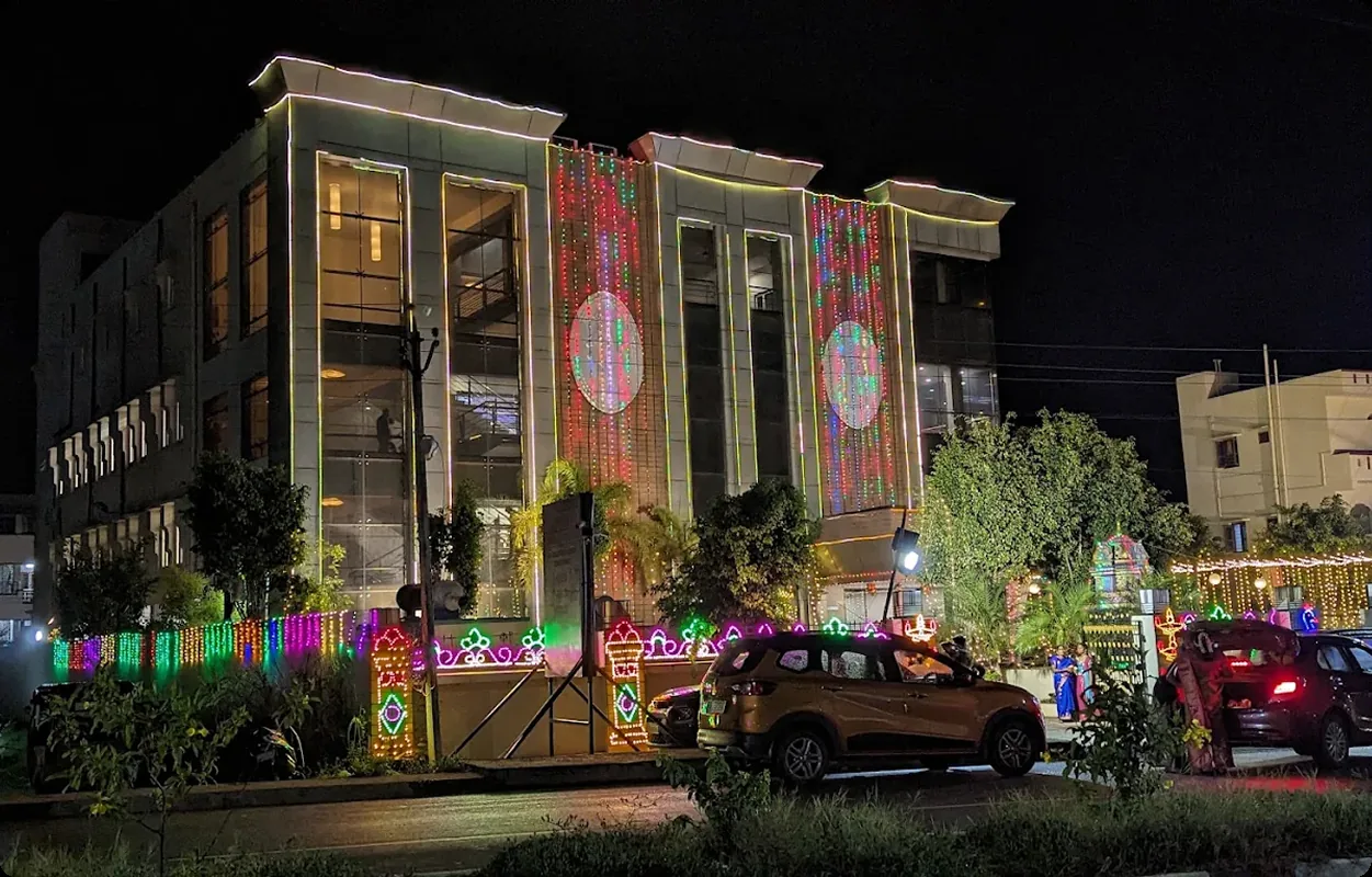 The venue exterior lit for an evening function